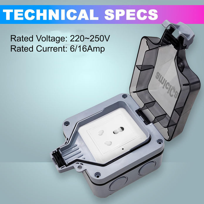 Waterproof Power Socket, 6/16Amp Outdoor Electric Switch Socket Box IP66 (Single Socket)