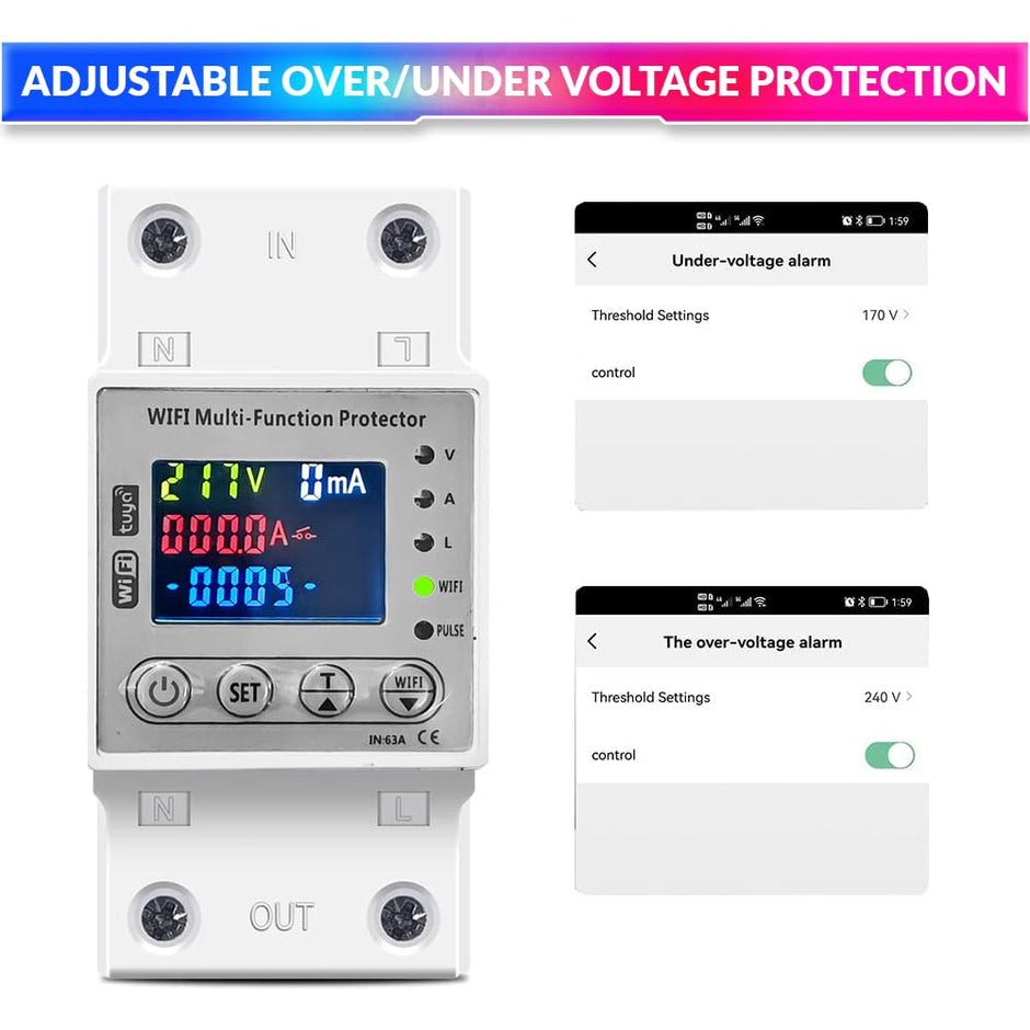 Wi-Fi Smart Energy Meter Over/Under Voltage, Overload & Leakage Protection with Real-Time Monitoring Din Rail Mount amiciKart c0tmiz-hs.myshopify.com