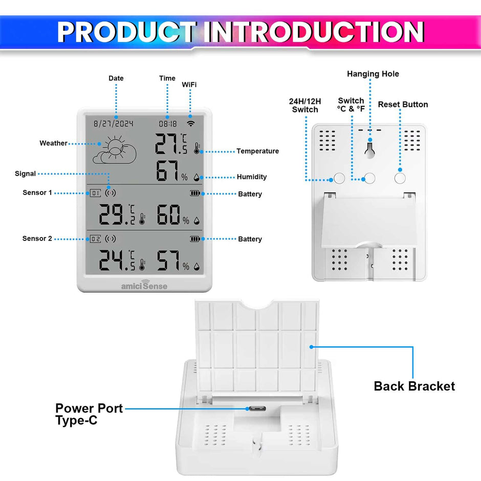 Digital Weather Station – Indoor/Outdoor Temp & Humidity, Date/Time, Dual Sensors, SmartLife App