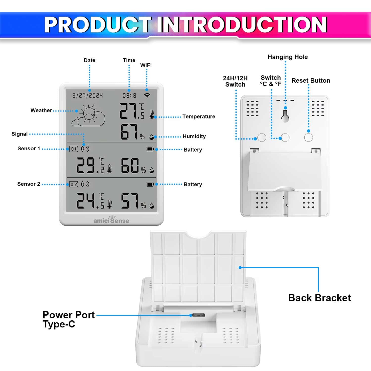 Digital Weather Station – Indoor/Outdoor Temp & Humidity, Date/Time, Dual Sensors, SmartLife App