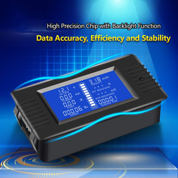 amiciSense DC Digital Battery Tester 9 in 1, 0-200V 10A Voltmeter Ammeter Power Energy Impedance Resistance Capacity Power Meter with Blue Back Light