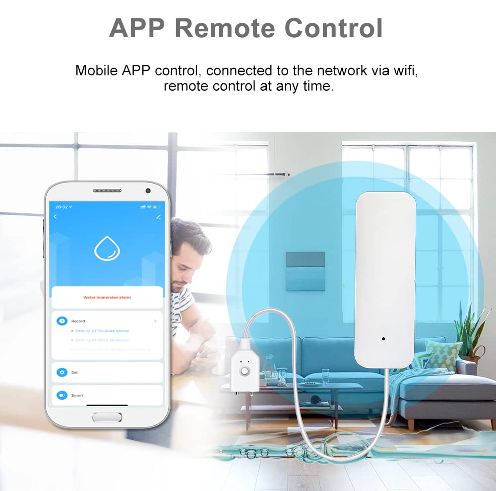 amiciSmart WiFi Water Leakage Detector, SmartLife App Compatible Water Overflow Alarm, Smart Leak Sensor with 2xAAA Battery