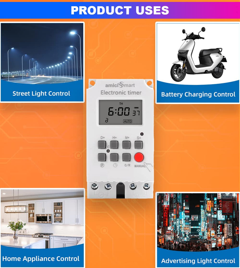amiciSmart Programmable Timer Switch, High Precision Automatic On Off Switch for Light, Fan with Minimum Set Interval of 1sec (220VAC, 25A)