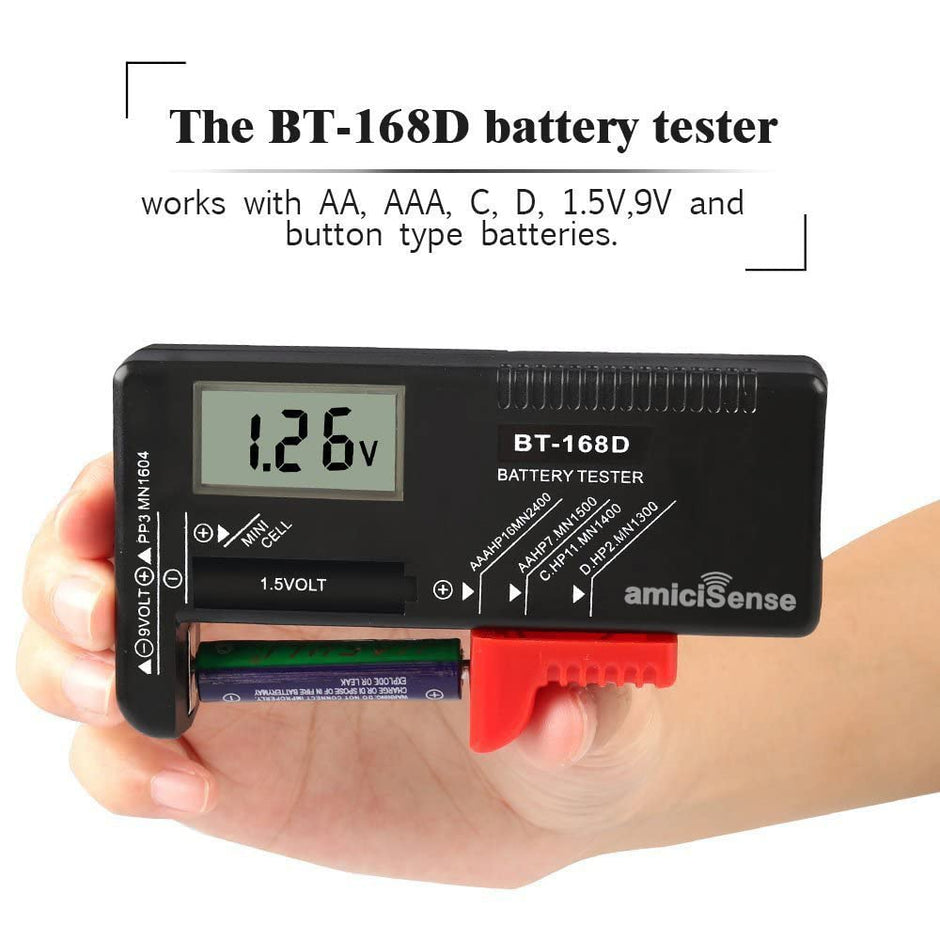 amiciSense Digital Battery Tester Bt-168D Voltage Indicator For 1.2V-4.8V Aa Aaa C D 9V 3V 18650 16340 14500 Lithium Battery, Battery_powered, Black