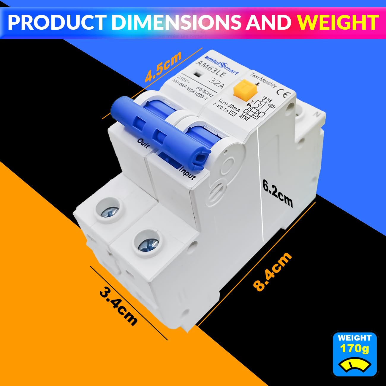 32A RCBO Circuit Breaker Leakage, Overcurrent & Short-Circuit Protection with Leakage On/Off Switch