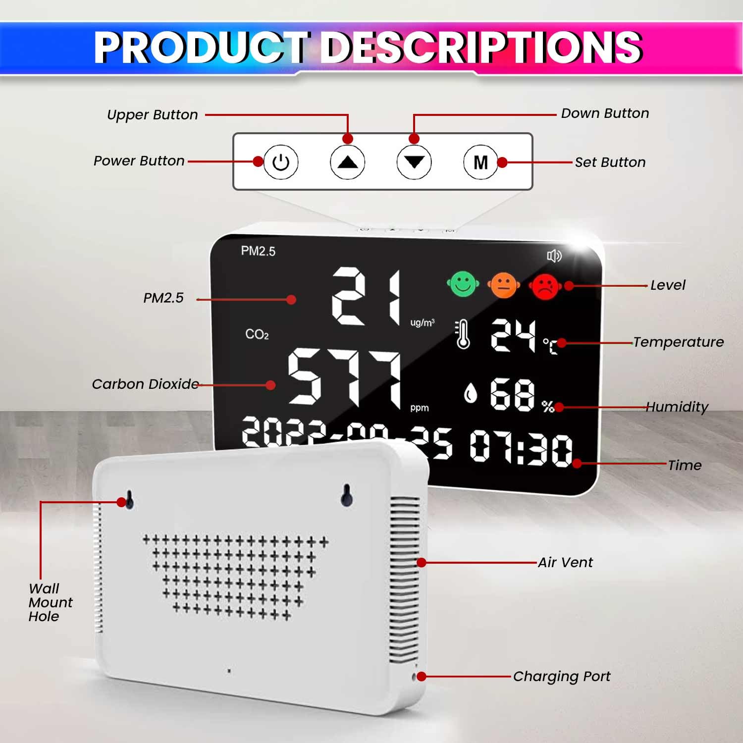 6-in-1 Wall Mount Air Quality Monitor – PM2.5, CO₂, Temperature, Humidity, Time & Date LED Display with CO₂ Alarm & Real-Time Monitoring