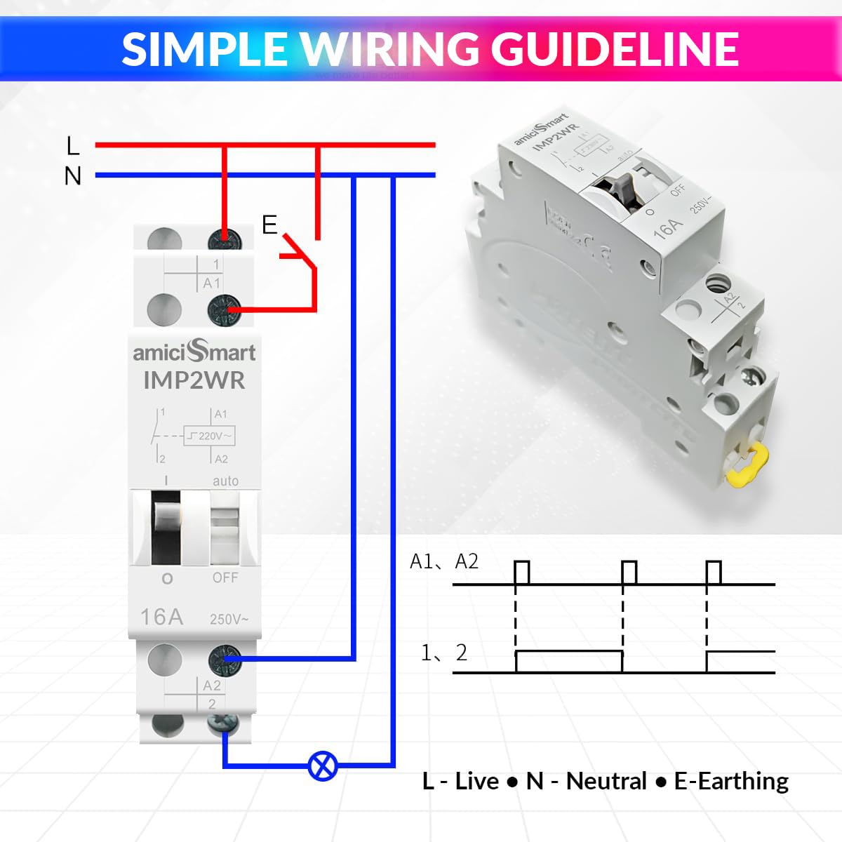 16A Impulse Relay, 2 Pole 230VAC Latching Relay for Line Control