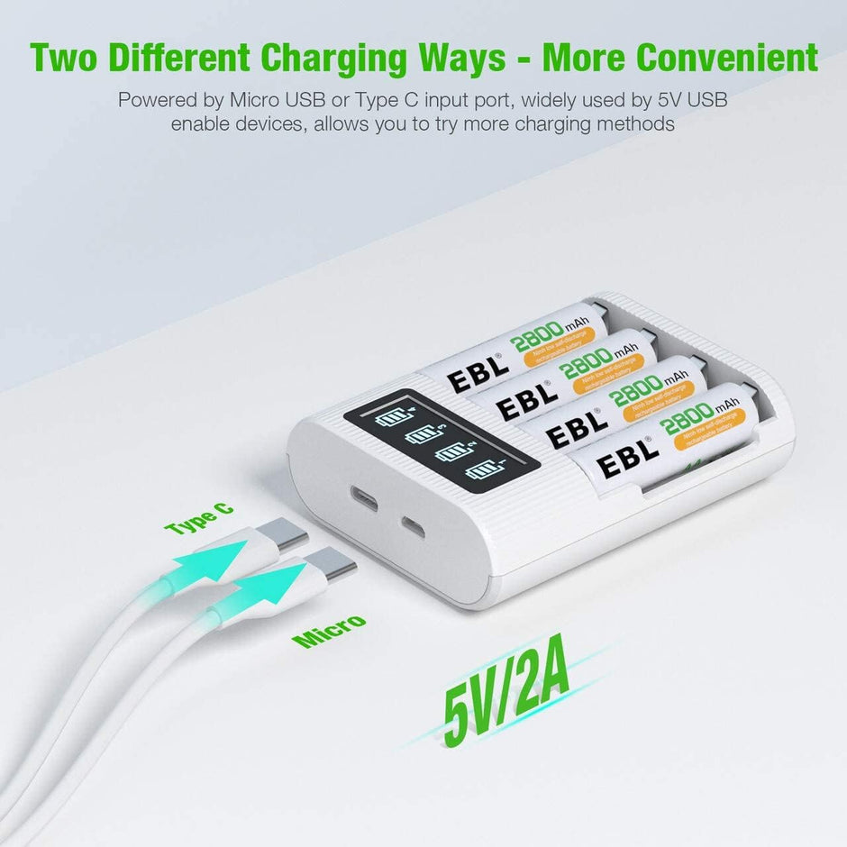EBL AA/AAA Battery Charger - 4-Bay, Type-C & Micro USB Input, LCD Display for Charge State with 4 AAA Rechargeable Battery