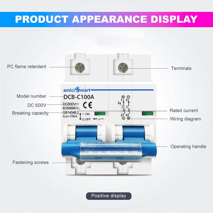 600V 100A DC Circuit Breaker for Solar Panel System, Overload & Short-Circuit Protection, DIN Rail