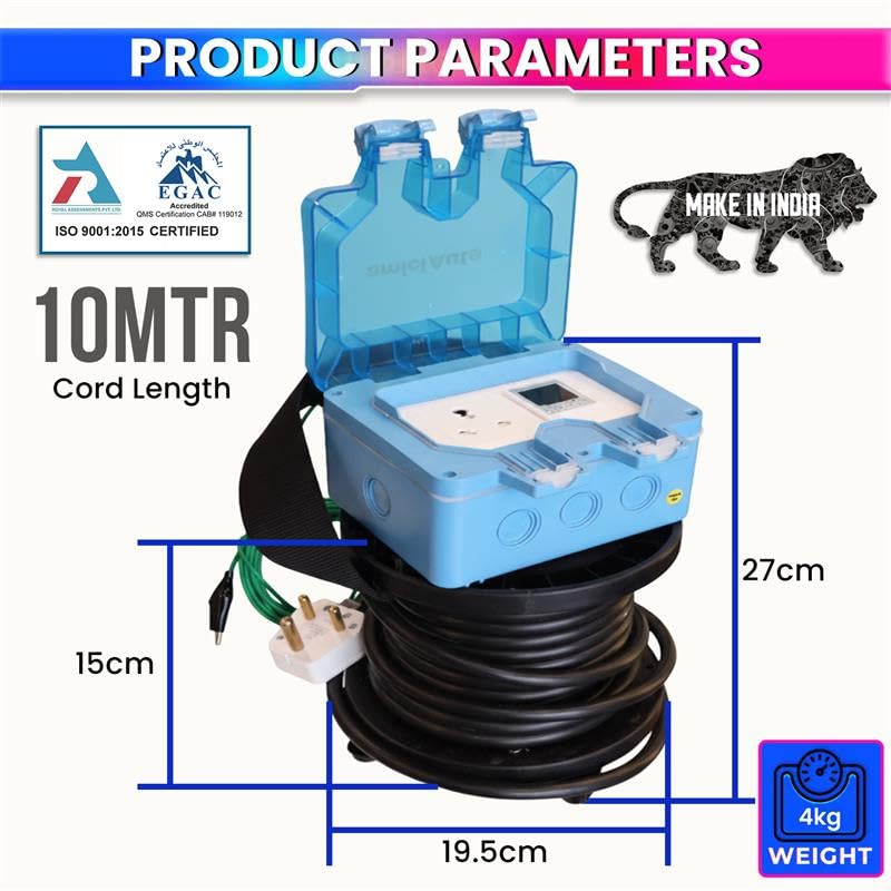 EV Charging Extension with Digital Meter & Voltage Protector, 10M Cable, IP66, 16A Pl