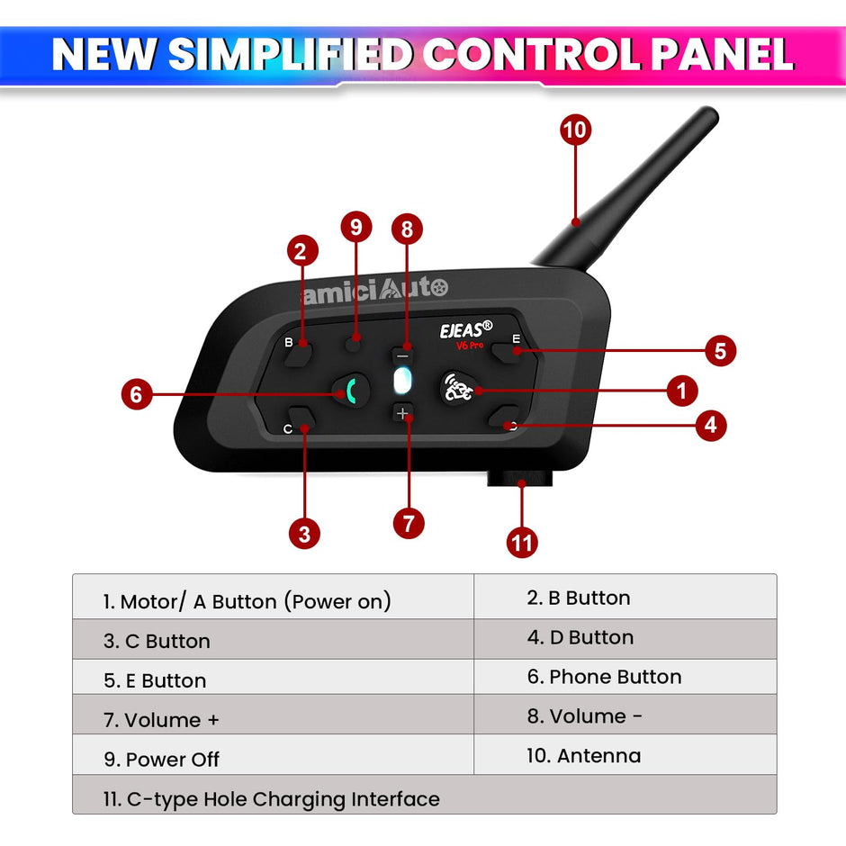 Ejeas V6 Pro Helmet Bluetooth Intercom for 6 Riders, Headphone with Mic