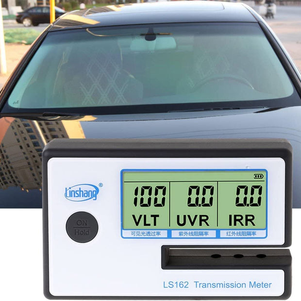 Light Transmission Meter, 8mm Glass Tint Tester with VLT, UVR & IRR, 4×AAA Batteries Included