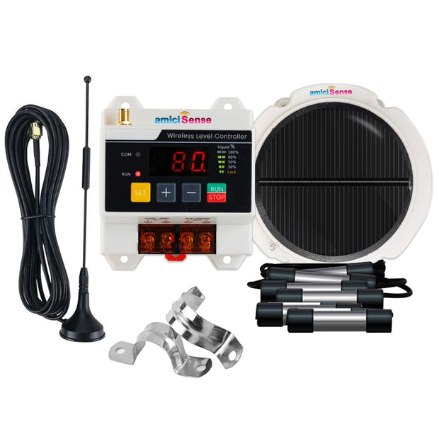 amiciSense Automatic Wireless Water Level Controller Switch| Solar Powered Transmitter with Battery | Water Level Display | 230V AC | 3kW Motor Load |