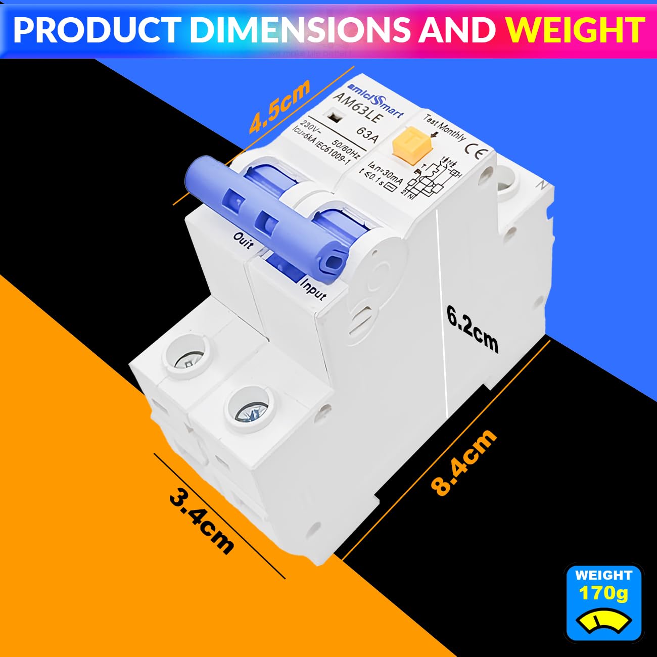 63A RCBO Circuit Breaker Overcurrent, Short-Circuit & Leakage Protection with On/Off Switch