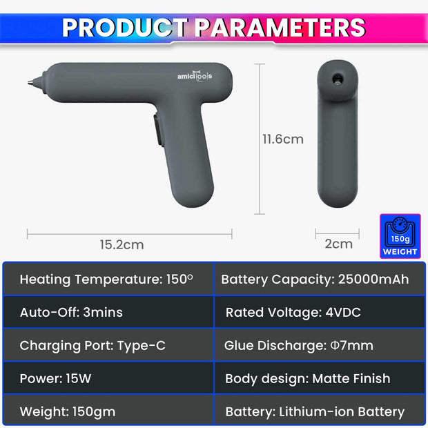 amiciTools Type-C Rechargeable Glue Gun with Anti-Leak & Reverse Suction Technology - 15W Portable Hot Glue Gun for Precision DIY Crafting and Repairs