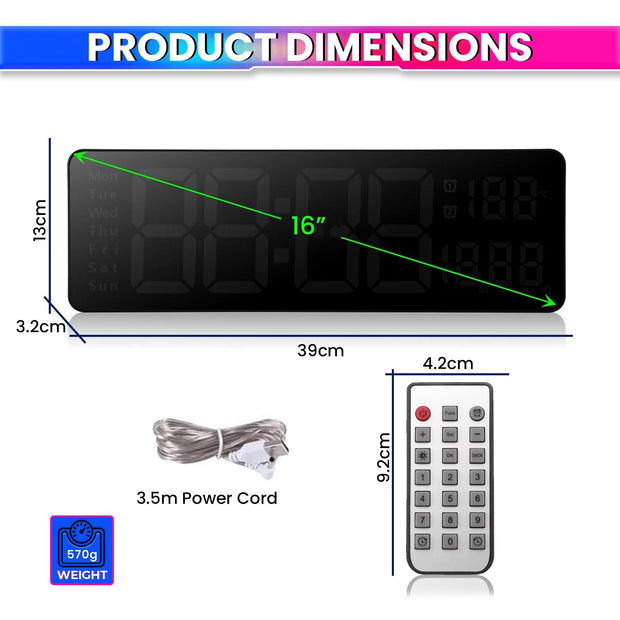 amiciCare Remote Controlled LED Wall Clock - Day Date Month Temperature Display | Dual Alarm with Timer & Countdown | For Home & Office Use