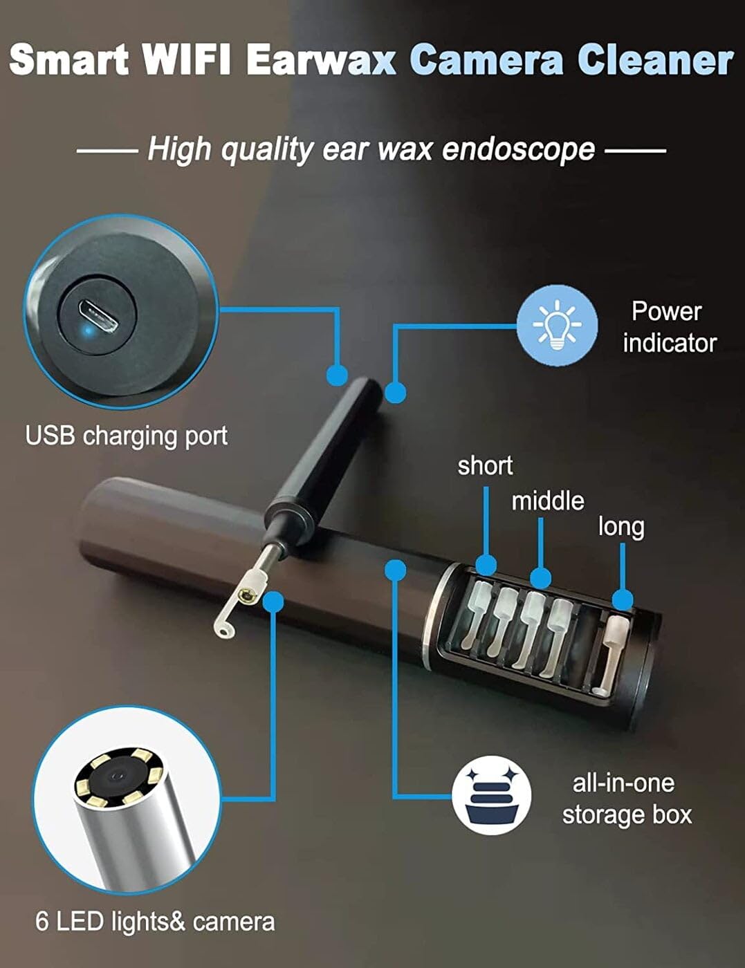 Ear Wax Cleaning Tool, Wireless Endoscope with Storage Case and Charging Cable Otoscope