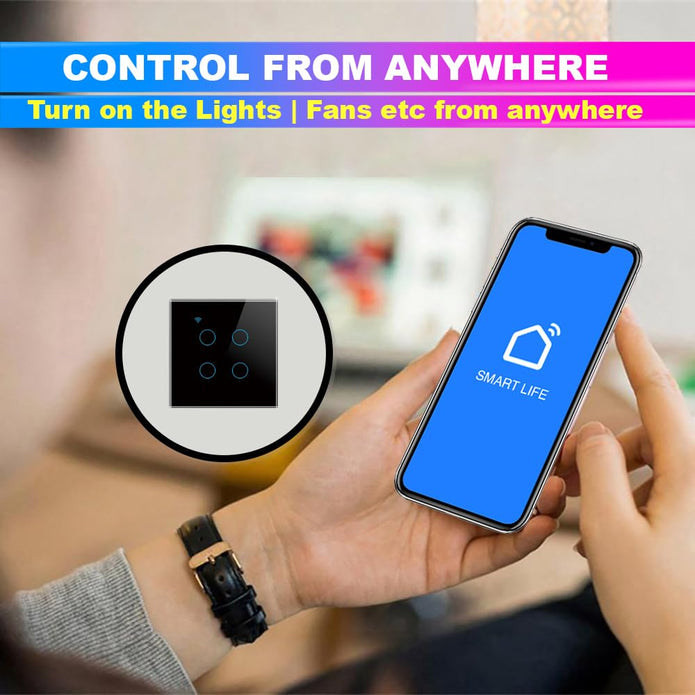 WiFi Touch Switch – 4 Gang, 230V/10A, Alexa/Google Compatible, Interlocking, SmartLife App