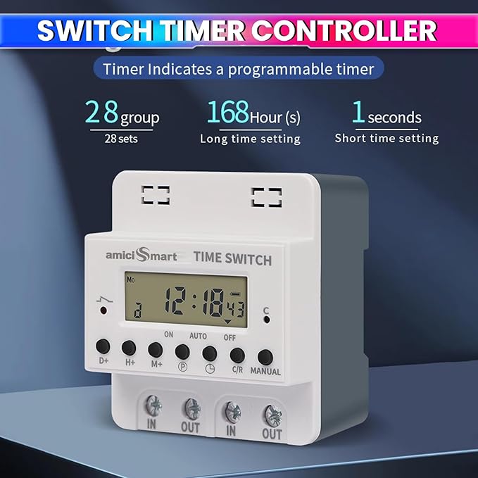 220V 60A Digital Programmable Timer Switch – 28 ON/OFF Settings, LCD Display, Battery Backup