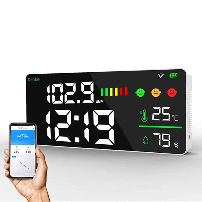 Smart WiFi Air Quality & Noise Monitor – PM2.5, CO2, Decibel, Temp, Humidity, Clock Display