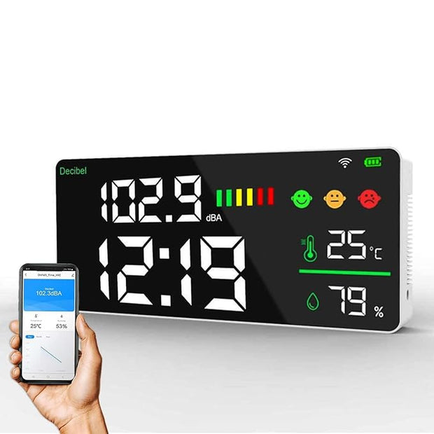 Smart WiFi Air Quality & Noise Monitor – PM2.5, CO₂, Noise (dB), Temperature & Humidity with LED Clock Display amiciKart c0tmiz-hs.myshopify.com