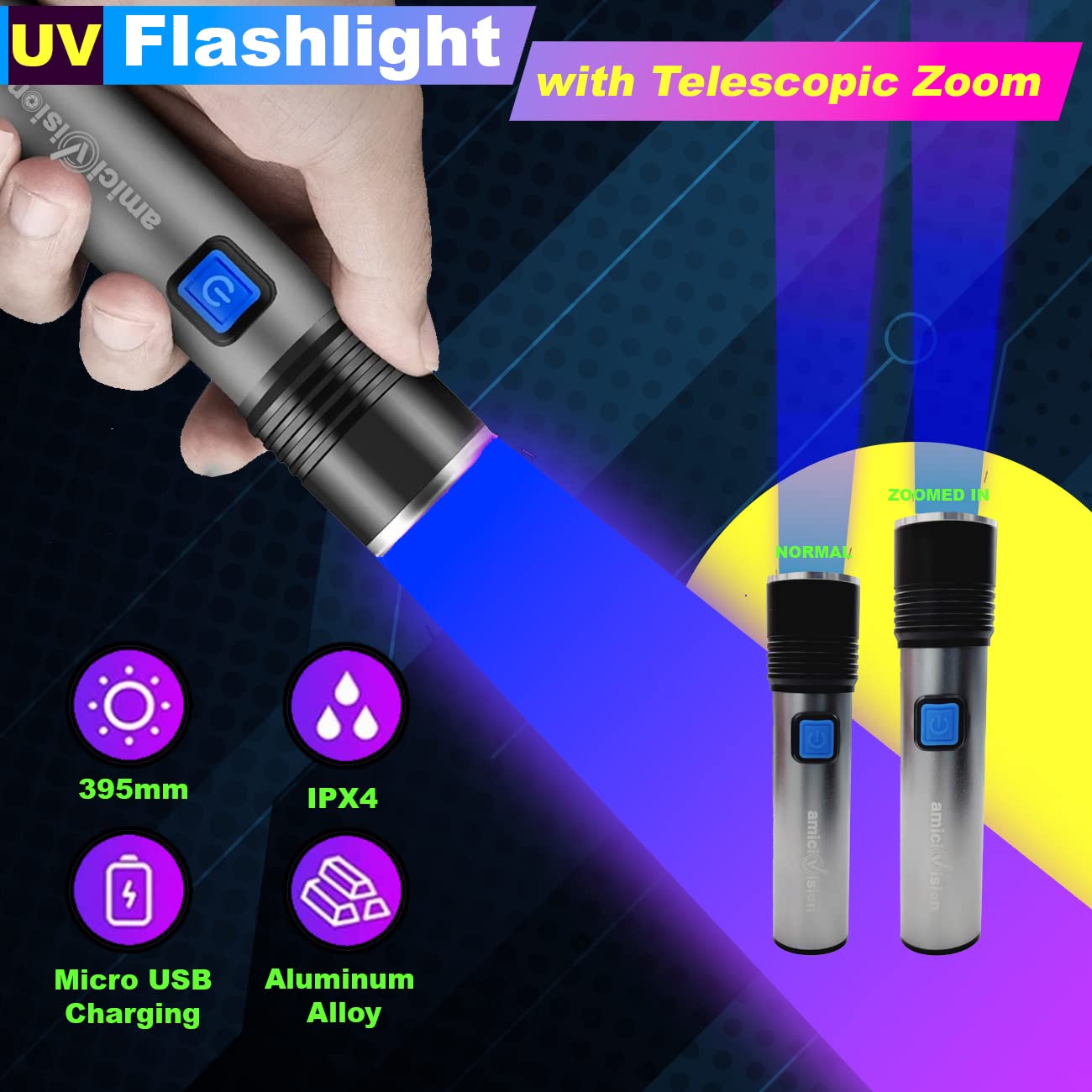 Rechargeable UV Flashlight 395~400nm Light Torch with 4 Modes & Zoom Function amiciKart c0tmiz-hs.myshopify.com