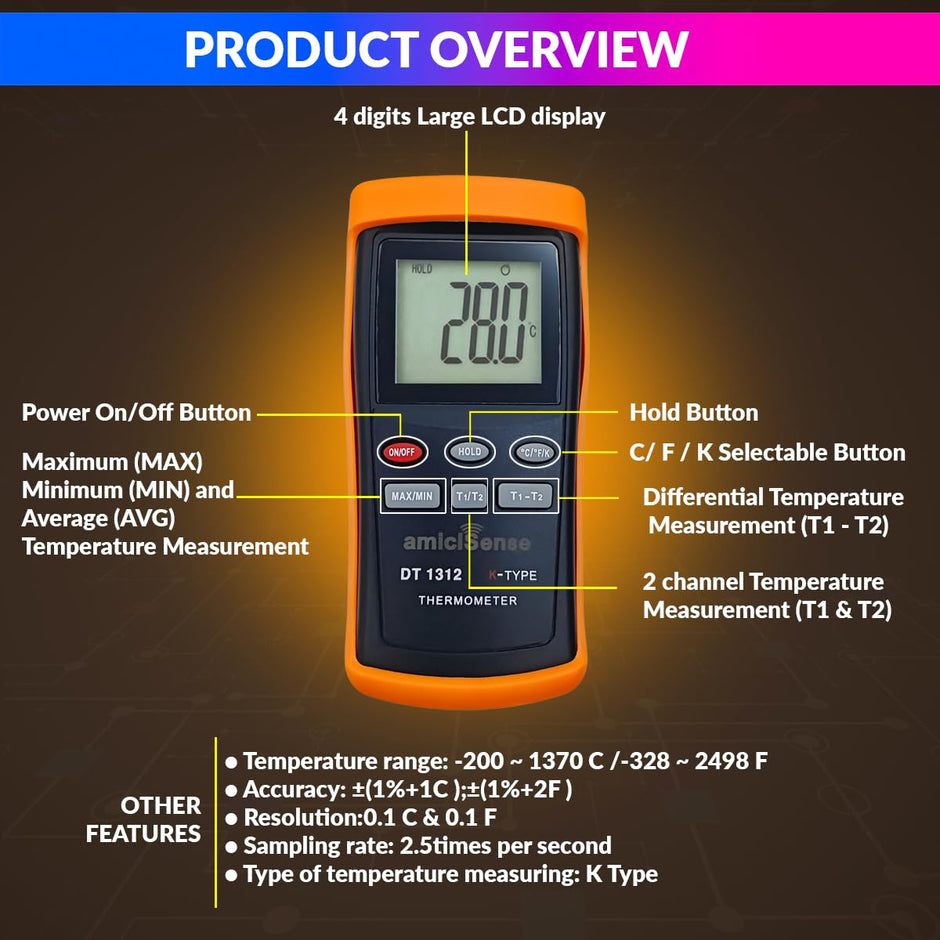 2-Channel K-Type Thermocouple Thermometer, -200°C to 1370°C, High Precision Handheld Temp Meter with 4×AAA Batteries