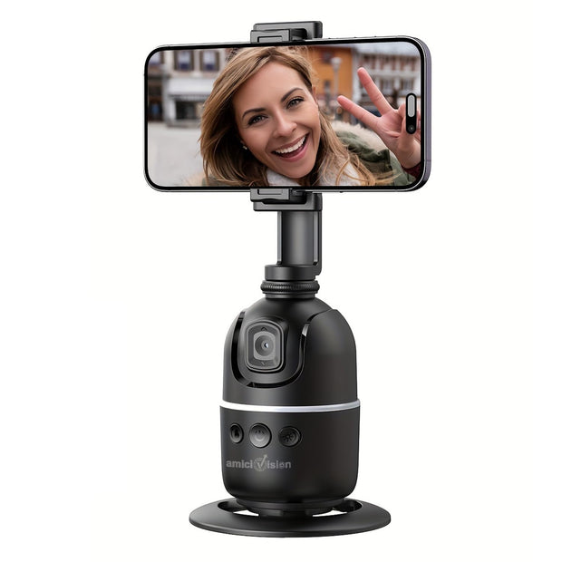 amiciVision 360° AI Face Tracking Phone Mount with Gesture Control – Horizontal/Vertical Shooting, No App Needed, USB-C Rechargeable, Desktop & Tripod
