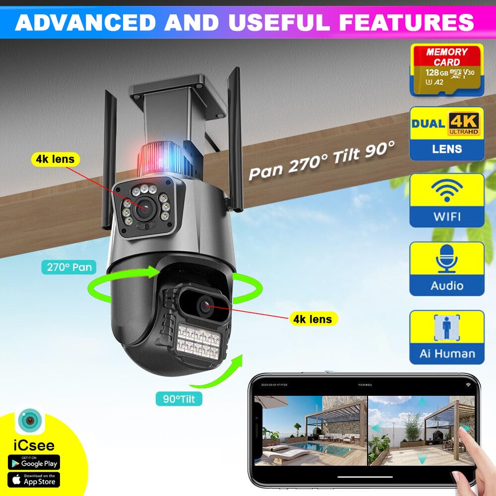 Dual Camera CCTV, 4K+4K HD Security Camera with Built-in Alarm, Motion Detection