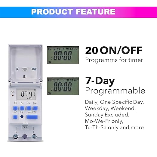 4-in-1 Digital Timer Switch Relay – Programmable 7-Day, Countdown, Pulse & Cycle, DIN Rail