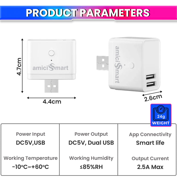 Mini USB Adapter Switch with 2 USB Ports ? Voice Assistant & SmartLife App Compatible, Timer Function for Automated Control