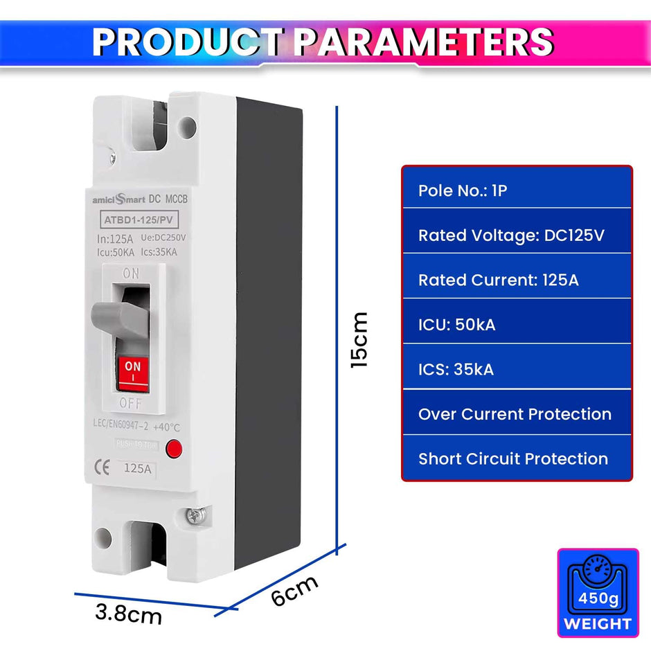 125A 1P DC MCCB, 250V/600V, 50kA – Overload & Short Circuit Protection for Solar/PV Systems