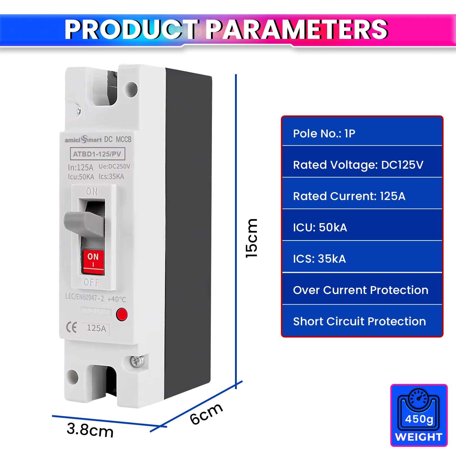 125A 1P DC MCCB, 250V/600V, 50kA – Overload & Short Circuit Protection for Solar/PV Systems