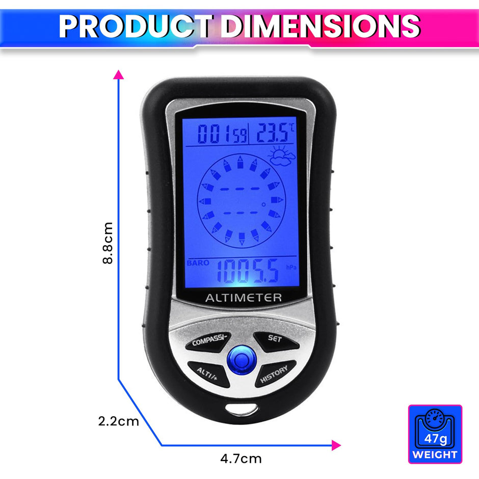 amiciSense Ultra Practical 8 in 1 Digital Compass Altimeter Barometer Thermometer Weather Forecast Time Height Gauge LCD Backlight with 2xAAA Battery