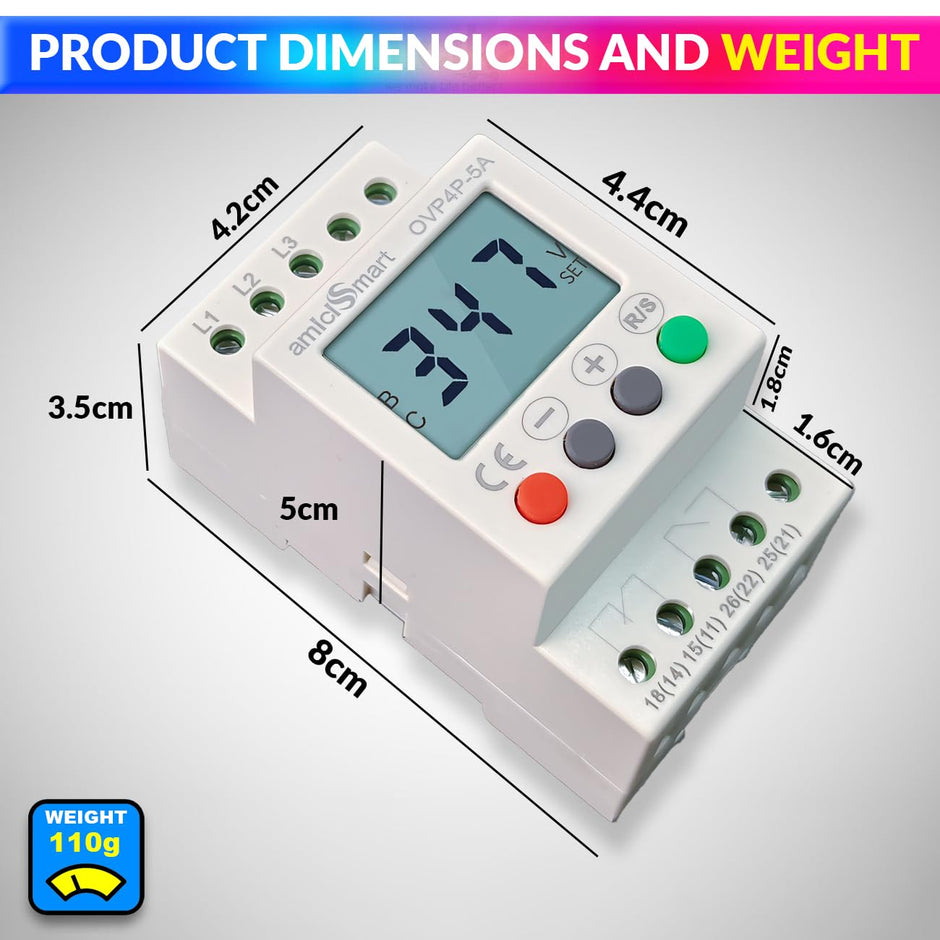 amiciSmart Three Phase Adjustable 300-500V Over/Under Voltage Phase balance Protection Relay with LCD Display and Din Rail Mount