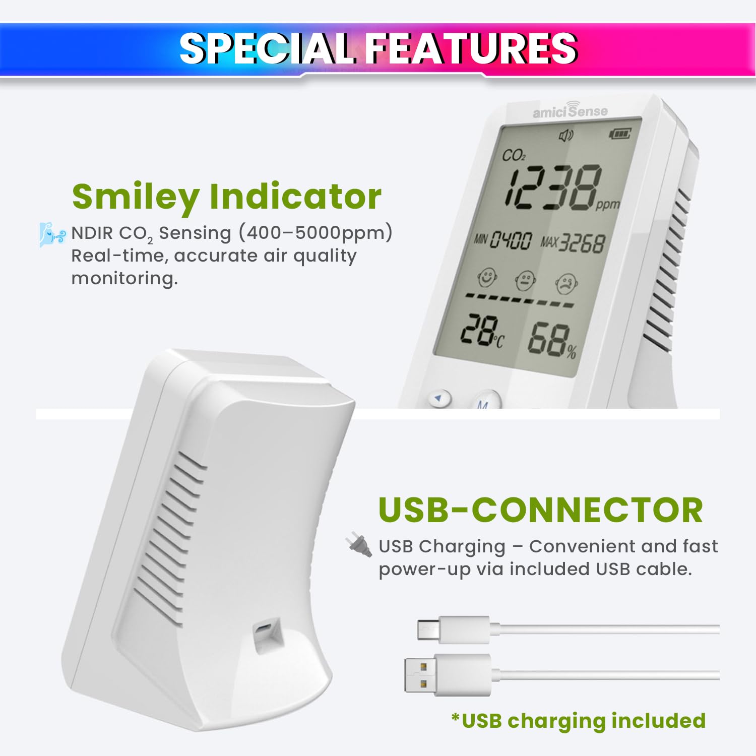 CO₂ Meter – Air Quality Monitor with Temperature & Humidity Display with Wi-Fi App Control amiciKart