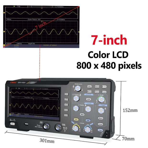 2 Channel Oscilloscope 110MHz Bandwidth 1GS Sampling Rate 7" LCD Display amiciKart