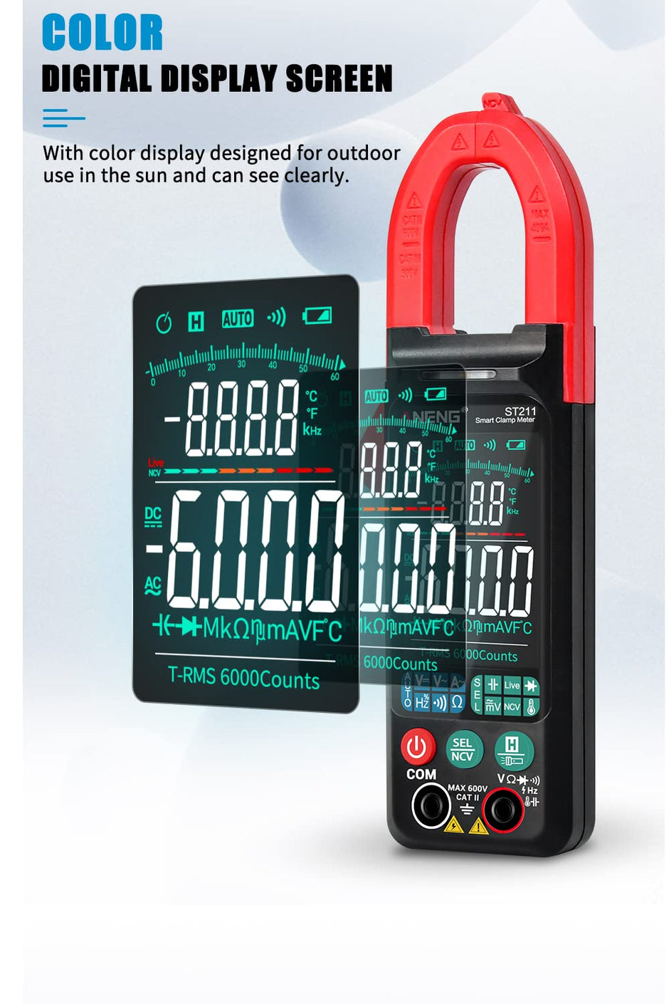 ST211 TRMS Clamp Meter 400A, 600V AC/DC, 6000 Counts, NCV, Resistance & Frequency amiciKart