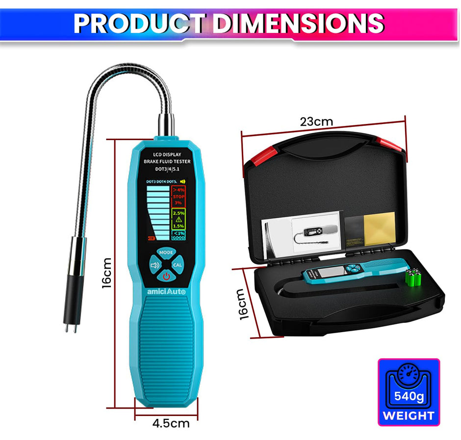 amiciAuto Brake Fluid Tester, Brake Diagnostic Tool Oil Moisture Analyzer for DOT3/DOT4/DOT5.1 Type Brake Fluid with Alarm Function and 4 AAA Battery