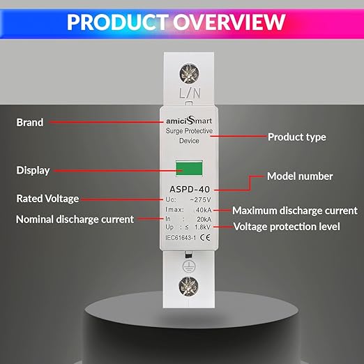 amiciSmart AC Surge Protector, 385V 30KA~60KA SPD Lightning Protection Device