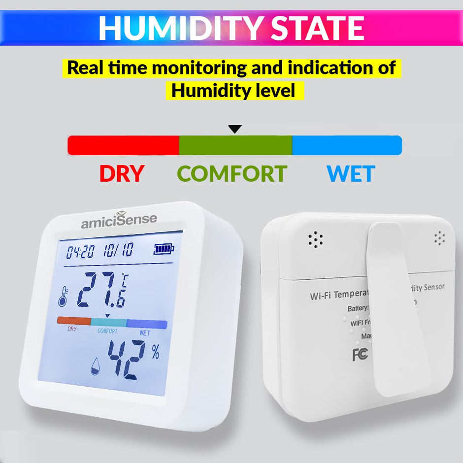 amiciSense WiFi Temperature Humidity Sensor, Thermometer Hygrometer with Data Export Feature Compatible with SmartLife App
