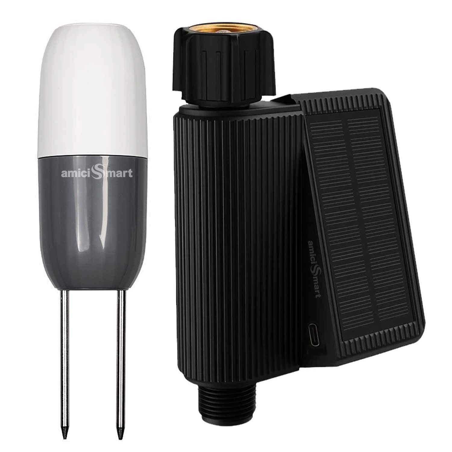 WIFI Smart Solar Water Timer & Irrigation Controller with DN20 Valve and Soil Moisture & Temperature Sensor, IP65 Waterproof, Solar + Type-C Rechargeable amiciKart