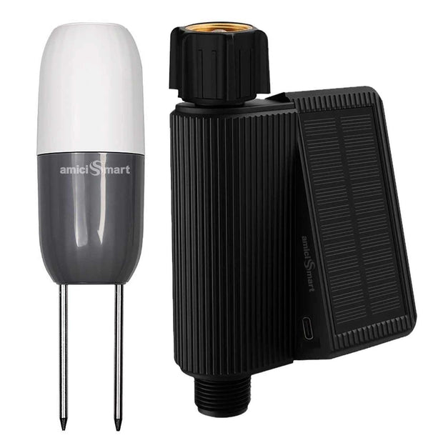 WIFI Smart Solar Water Timer & Irrigation Controller with DN20 Valve and Soil Moisture & Temperature Sensor, IP65 Waterproof, Solar + Type-C Rechargeable amiciKart