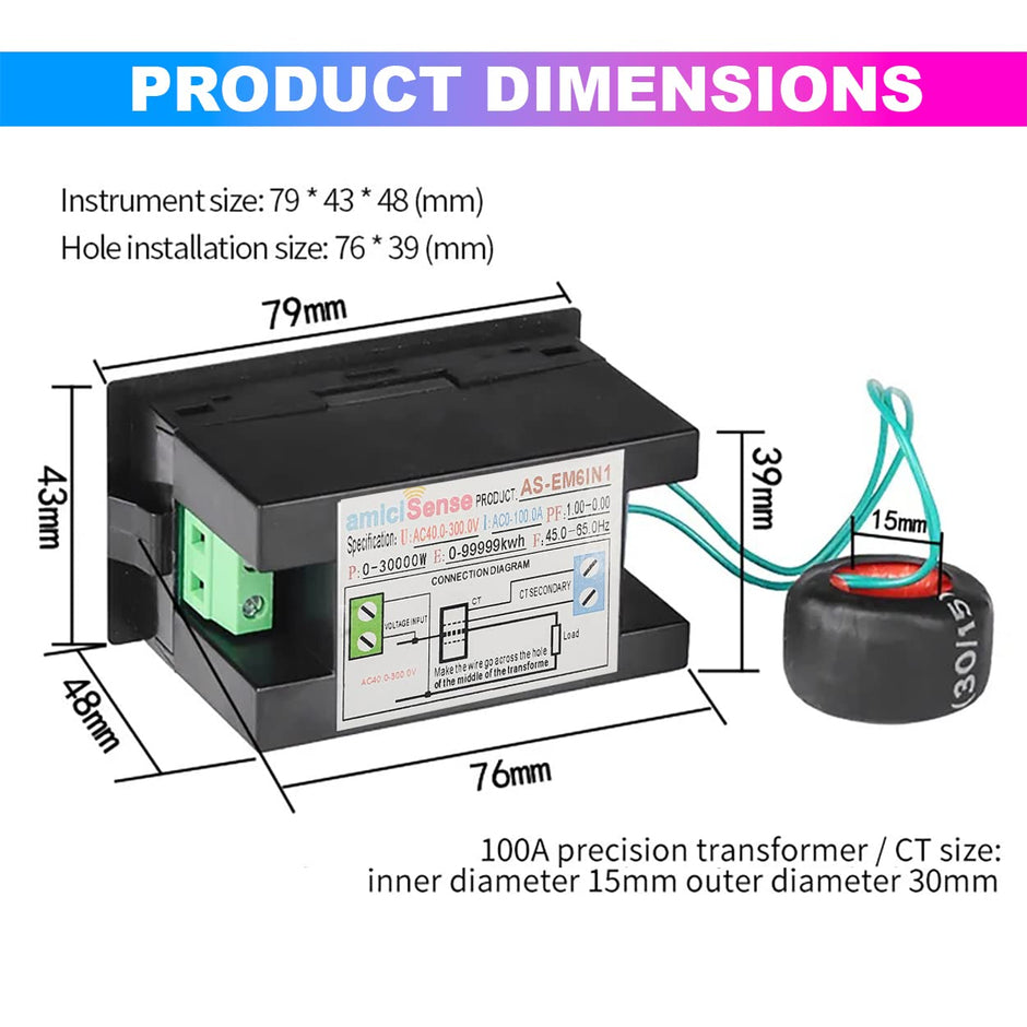 6-in-1 Digital Power Meter, 100A 40–300V AC with Multi-Colour Display (22kW)