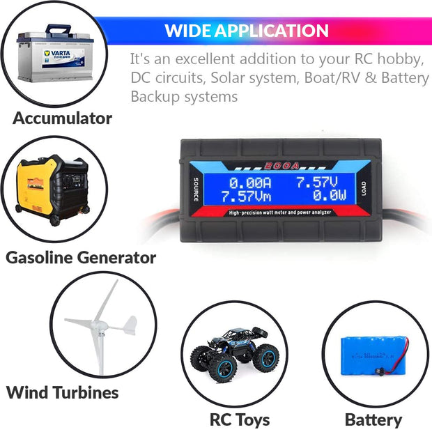 amiciSense 200A Solar Wind Power Analyzer, High Precision DC Watt Meter Battery Health Tester with LCD Display for 8 Measurement Readings