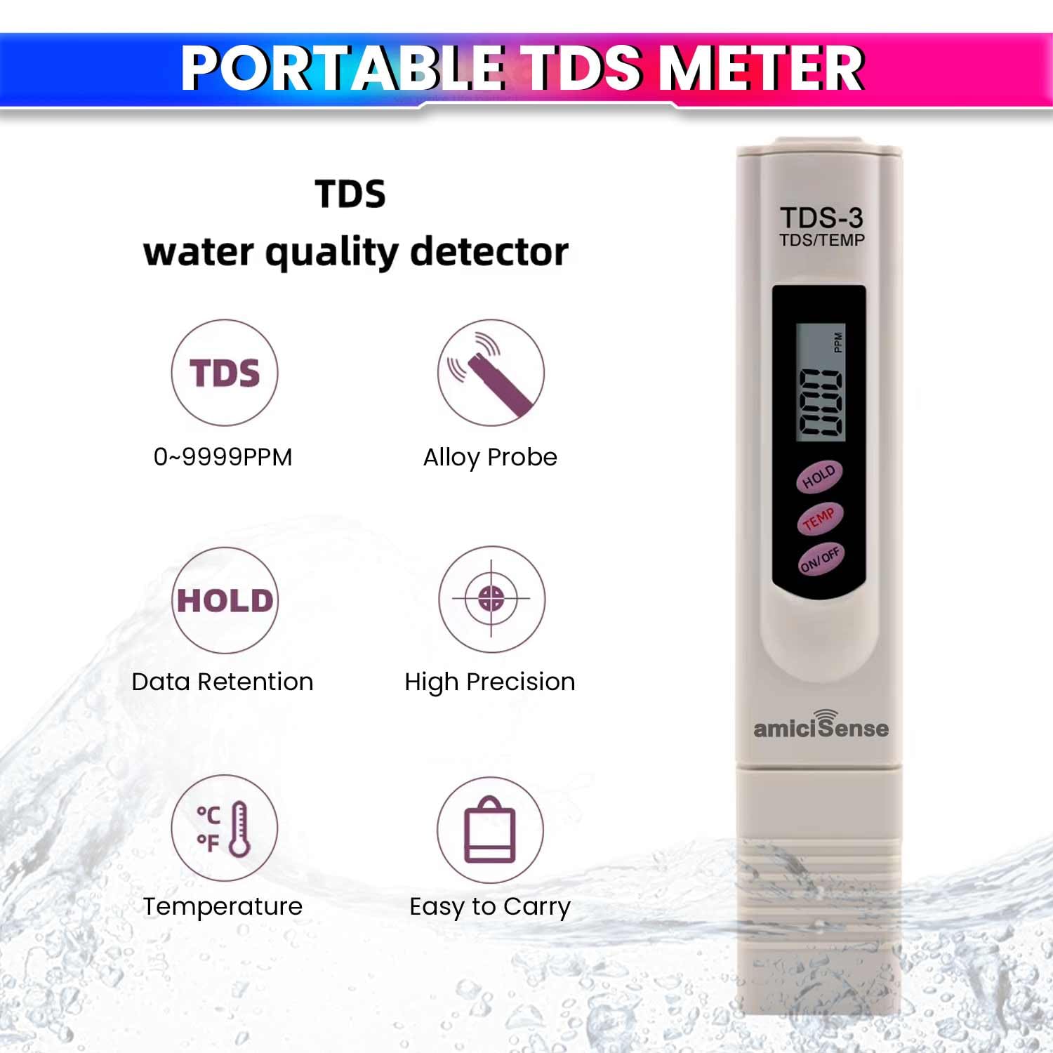 Digital TDS Meter Pen – 9999PPM Water Quality Tester with Temp Display for RO, Aquarium, Hydroponics
