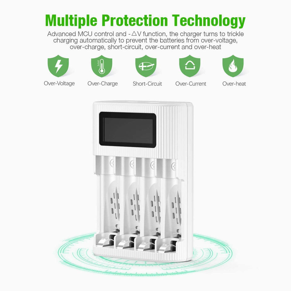 EBL AA/AAA Battery Charger - 4-Bay, Type-C & Micro USB Input, LCD Display for Charge State with 4 AAA Rechargeable Battery