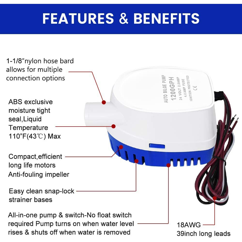 24V DC Bilge Pump, Intelligent Submersible Pump with Automatic On/Off Switch