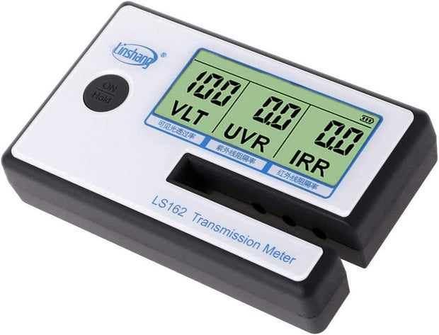 Light Transmission Meter, 8mm Glass Tint Tester with VLT, UVR & IRR, 4×AAA Batteries Included