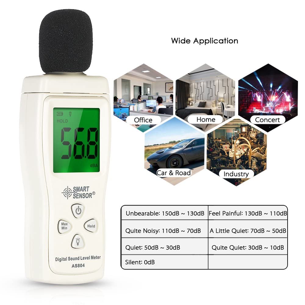 Digital Sound Level Meter, 30–130dB Decibel Reader with Backlight, Max/Min, Auto-Off, 3×AAA Batteries Included amiciKart